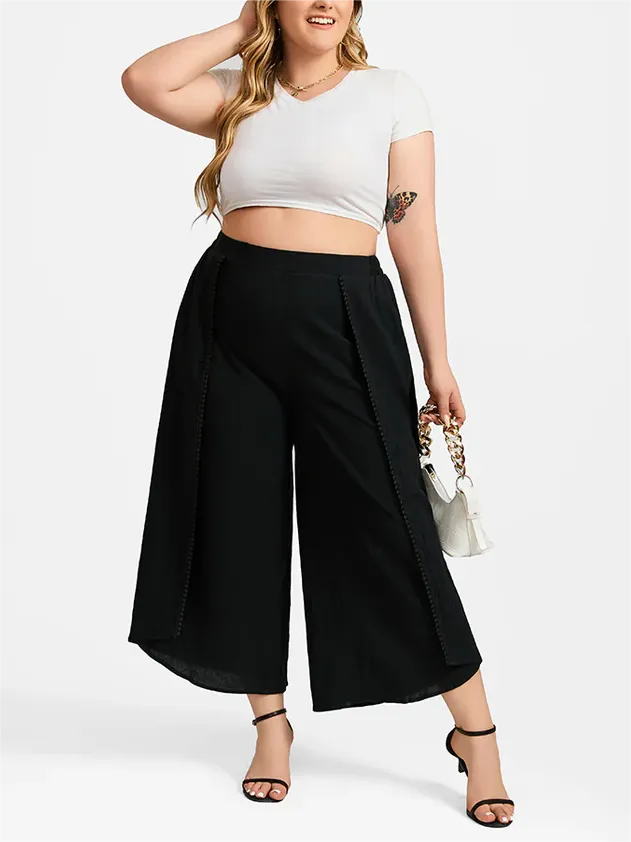 Plus Black Lace Patchwork Wide Leg Pants