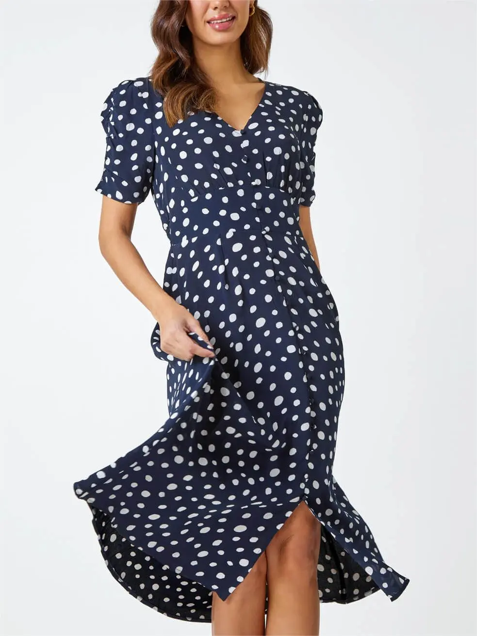 Navy Polka Dot Ruched Sleeve Midi Dress