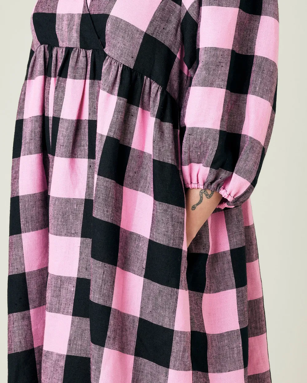 ABBIE PINK & BLACK MEGA CHECK LINEN DRESS