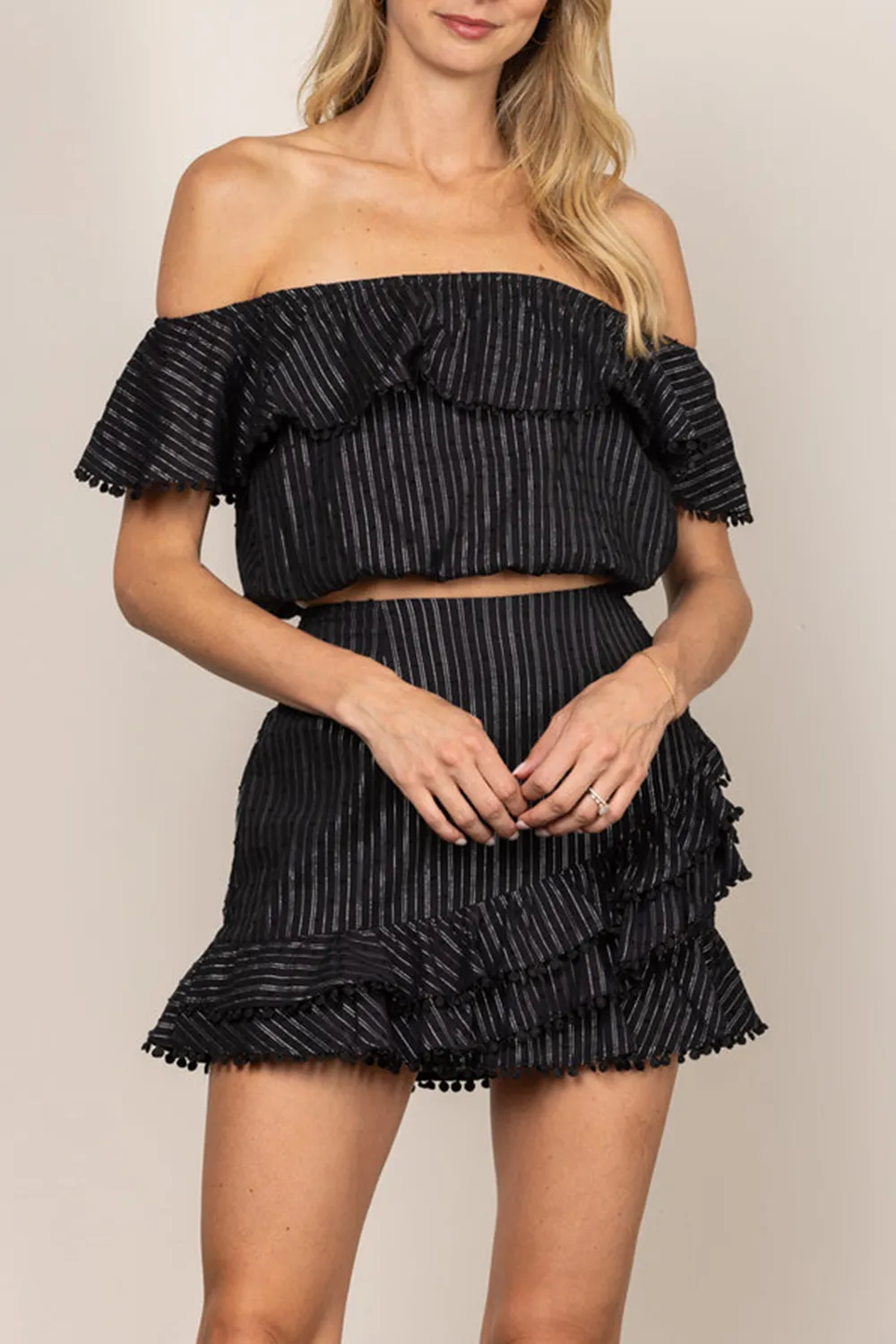 BLACK FRILL DÉCOR OFF SHOULDER TOP AND MINI