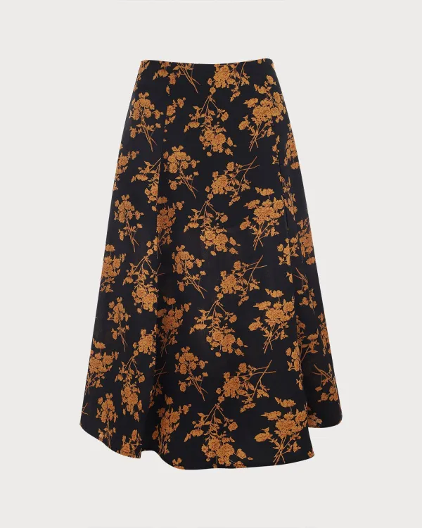 Yellow and black floral print skirt