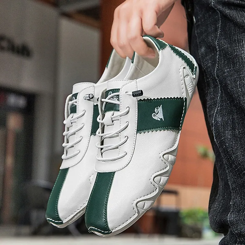 Men's White and Green Casual Sneakers with Unique Wavy Sole and Lace-Up Design – Comfortable Everyday Sport Shoes