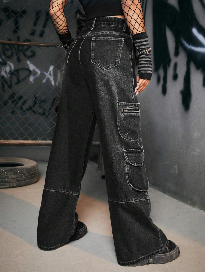 Grunge Punk Flap Pocket Side Cargo Pants Without Belt