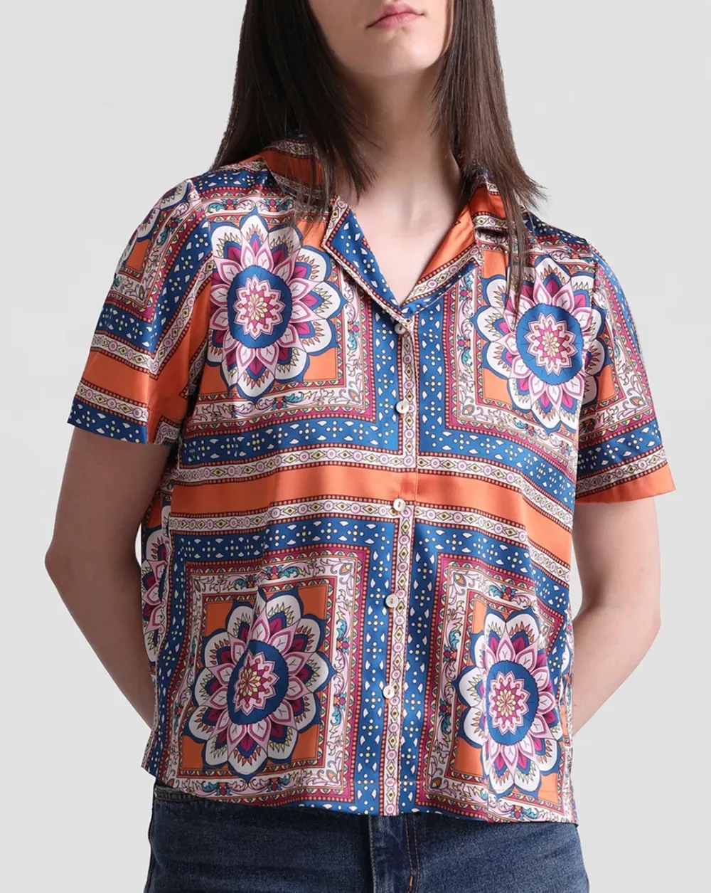 Orange Abstract Print Satin Shirt