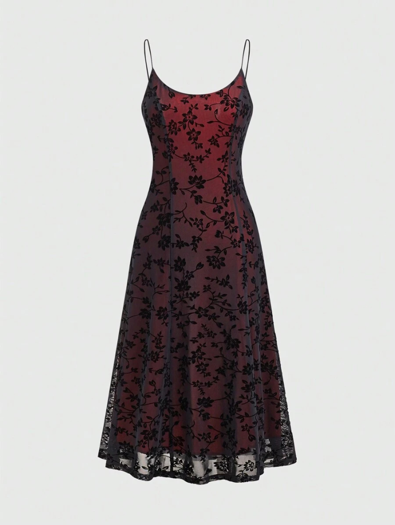 Goth Women's Gothic Style Court Floral Velvet Mesh Cami Dress