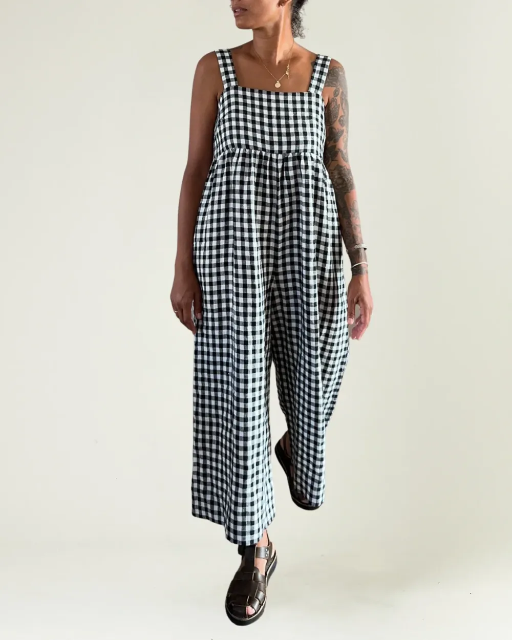 CARI BLACK & WHITE GINGHAM LINEN JUMPSUIT