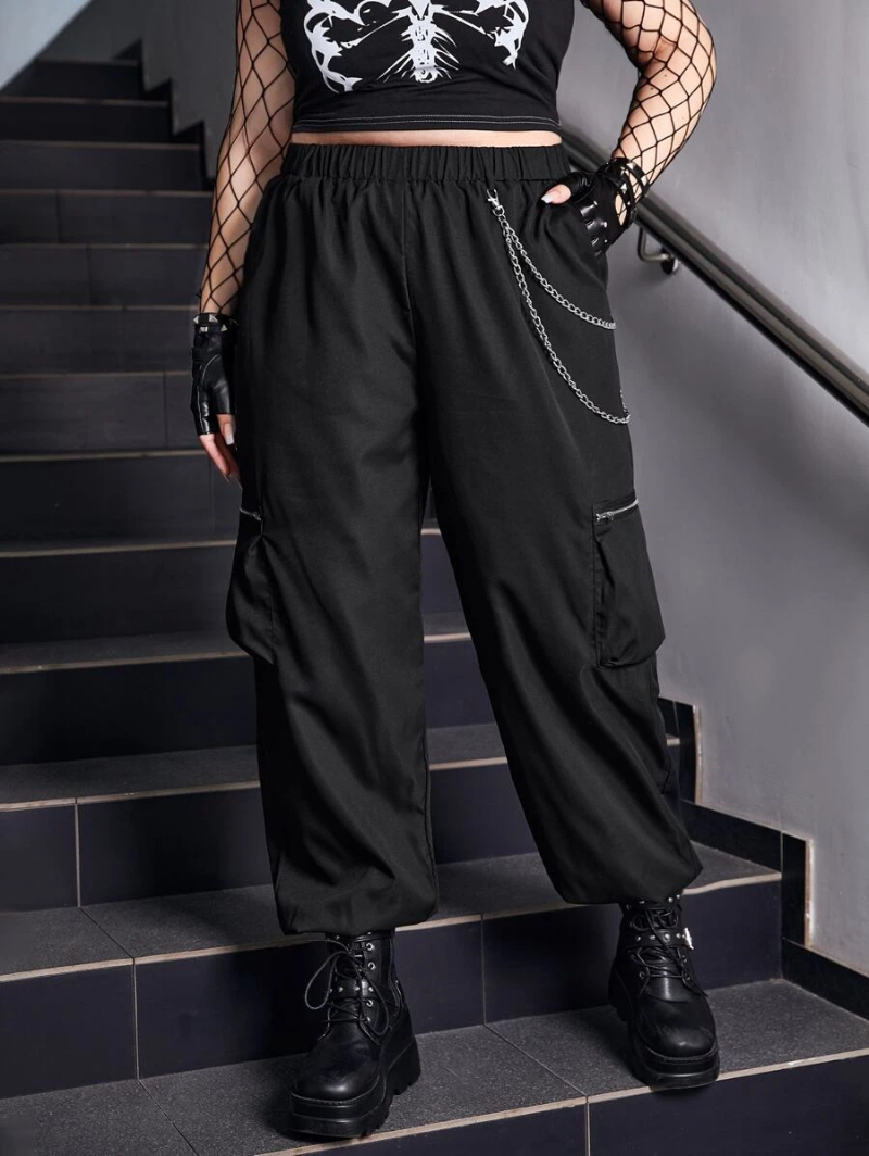 Grunge Punk Plus Chain Detail Zip Pocket Side Cargo Pants