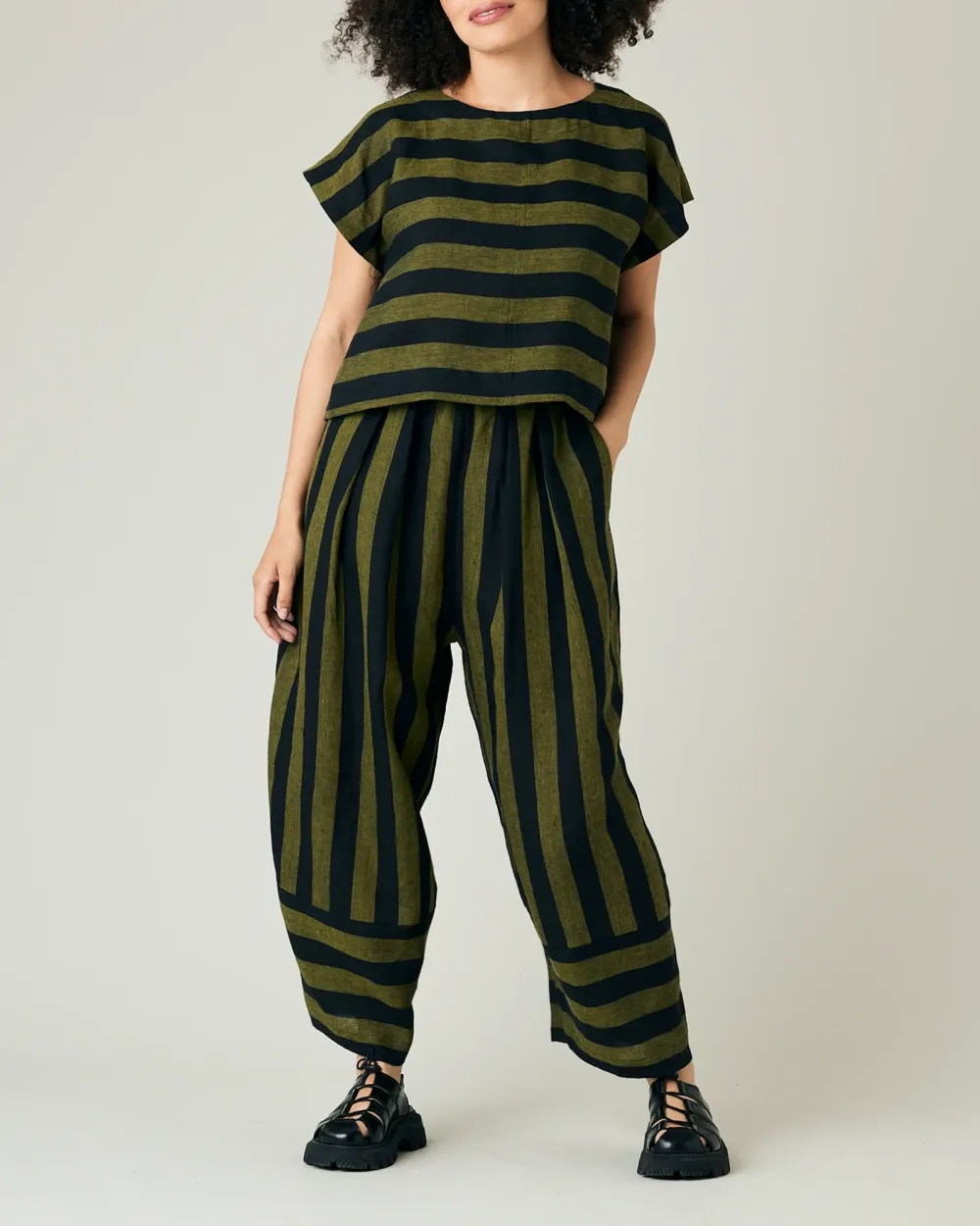 BOBBI BLACK & OLIVE STRIPE LINEN TROUSERS