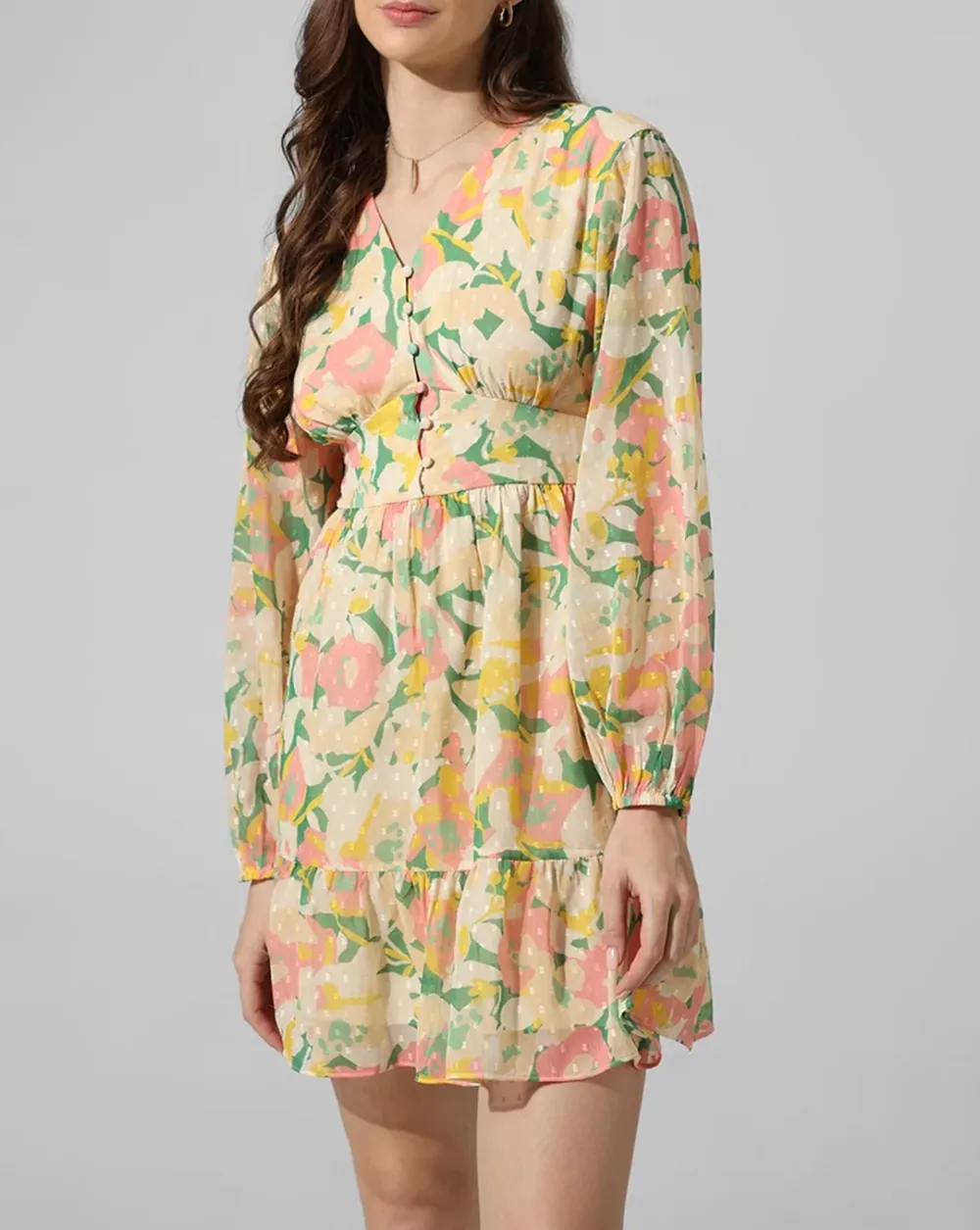 Yellow Floral Smocked Waist Dress