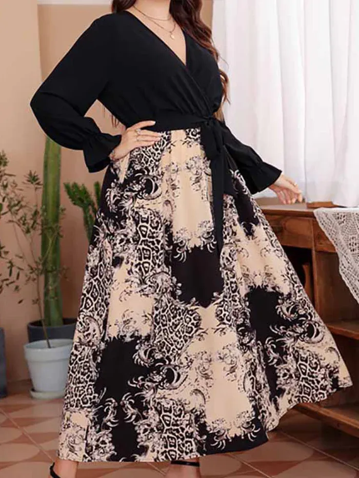 Plus Black Floral Lantern Sleeve Crisscross Wrap Maxi Dress