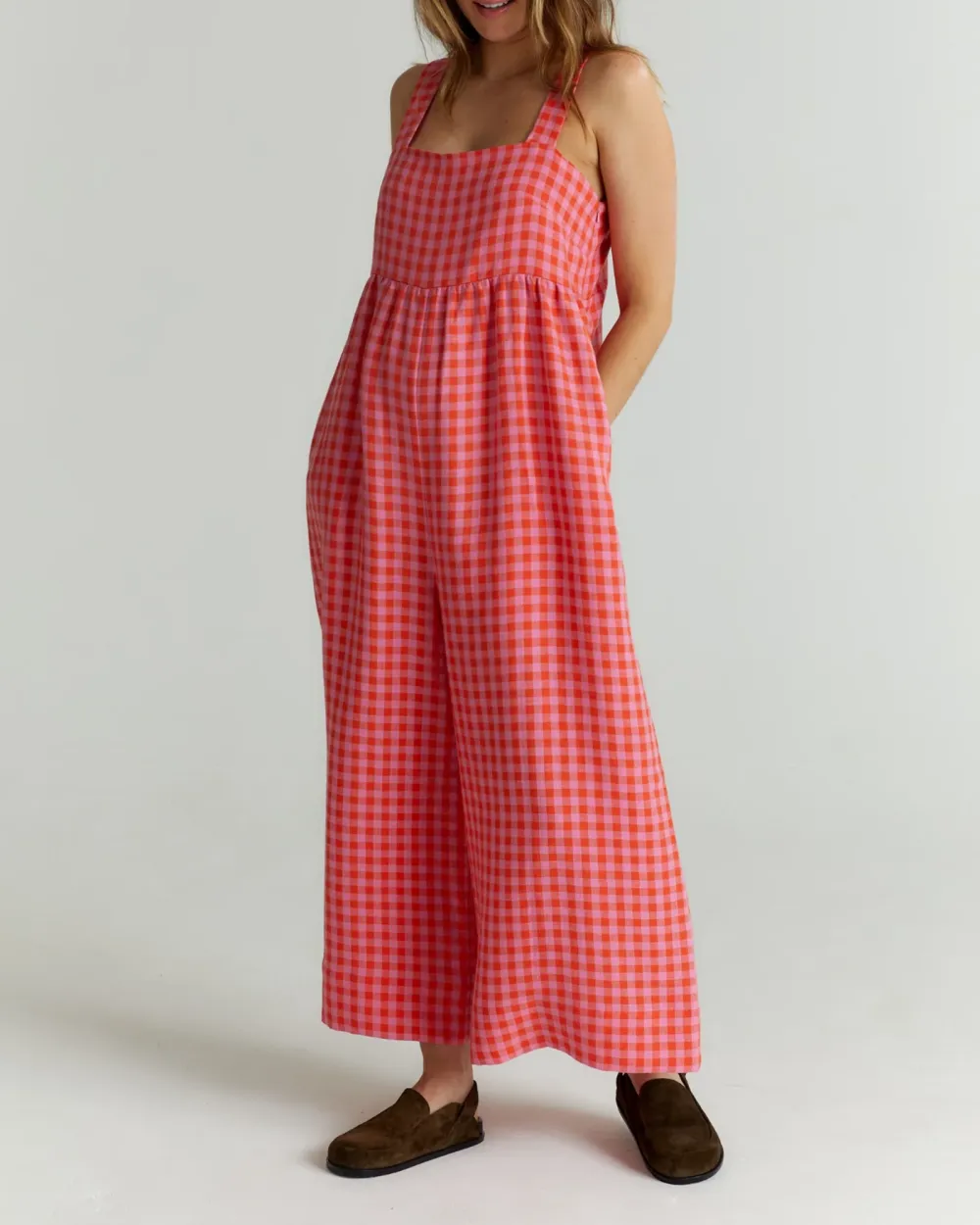 CARI TOMATO & PINK CHECK LINEN JUMPSUIT