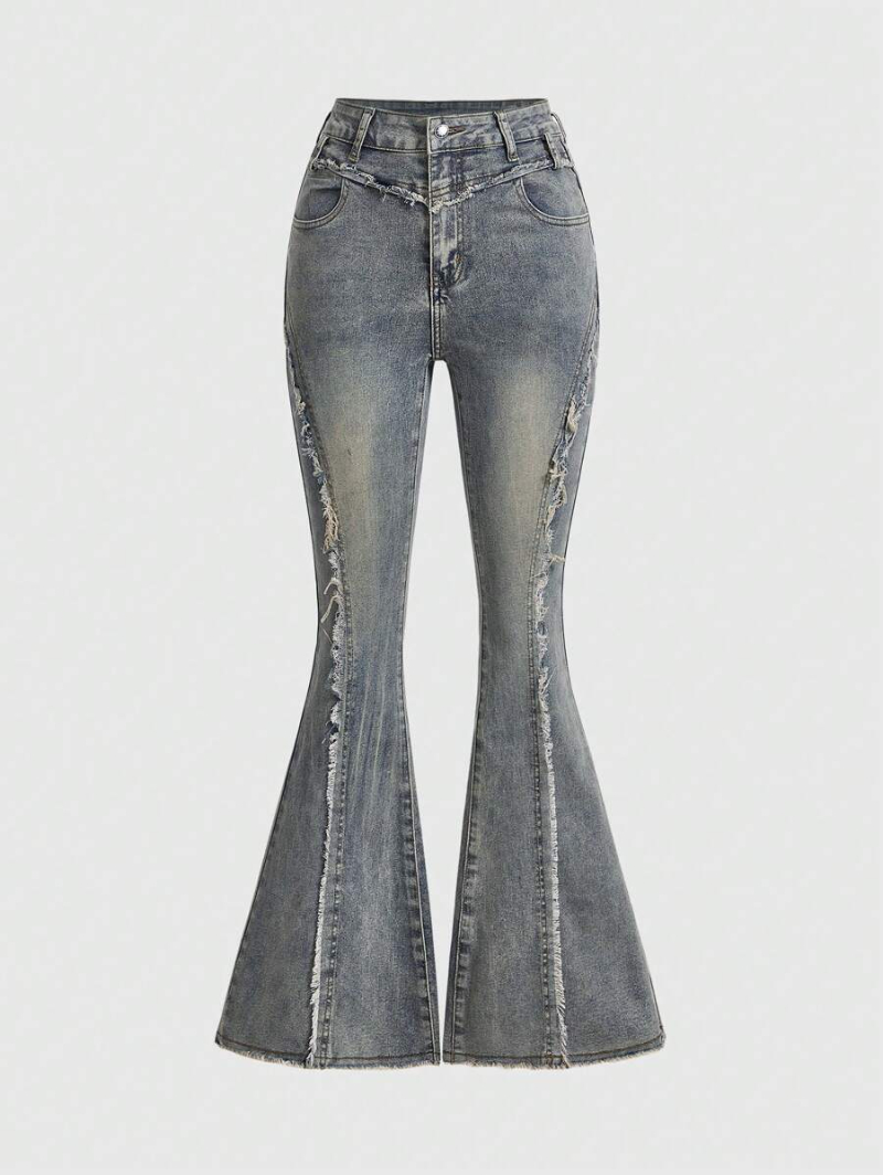 Grunge Punk Y2k Style Street Style Tight-Fit Denim Flared Pants With Star Patches And Frayed Hems