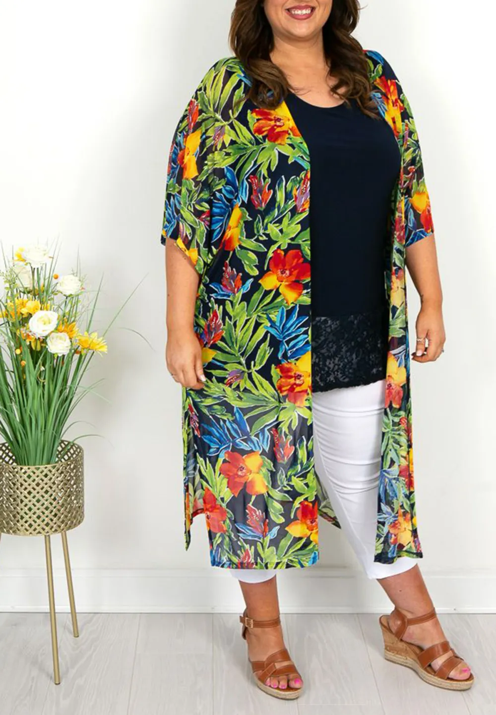 Tropical Print Mesh Kimono Jacket