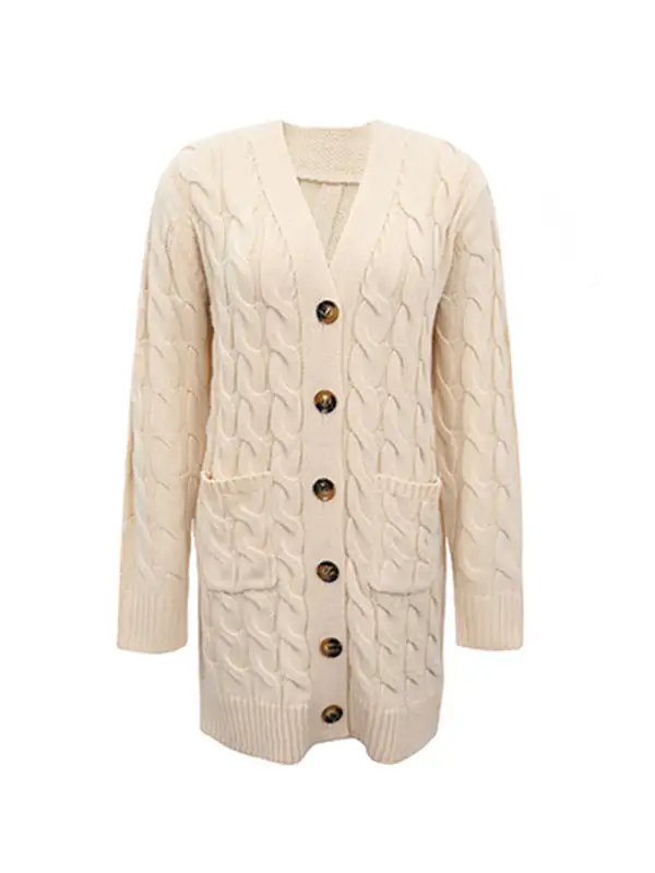 Urban Simple Loose Buttoned Solid Color Jacquard Cardigan Coat