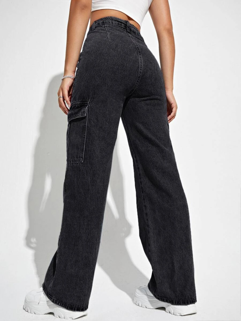 High Waisted Flap Pocket Cargo Jeans