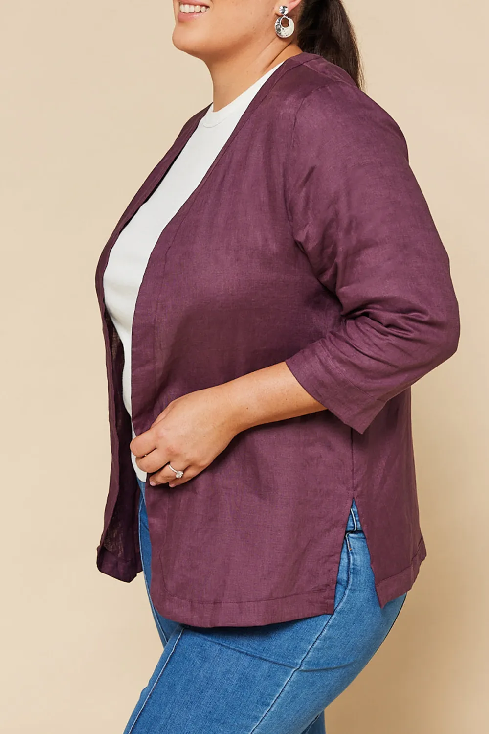 Short Linen Duster Jacket In Plum