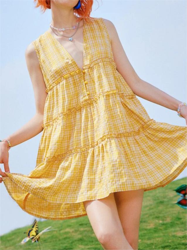 Plaid Frill Trim Button Front Smock Dress