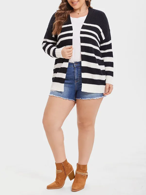 Striped Pattern Drop Shoulder Open Front Cardigan