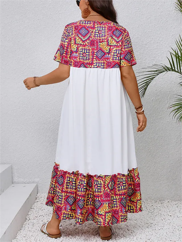 Colorblock Contrast Patchwork Geometric Print Round Neck Dress