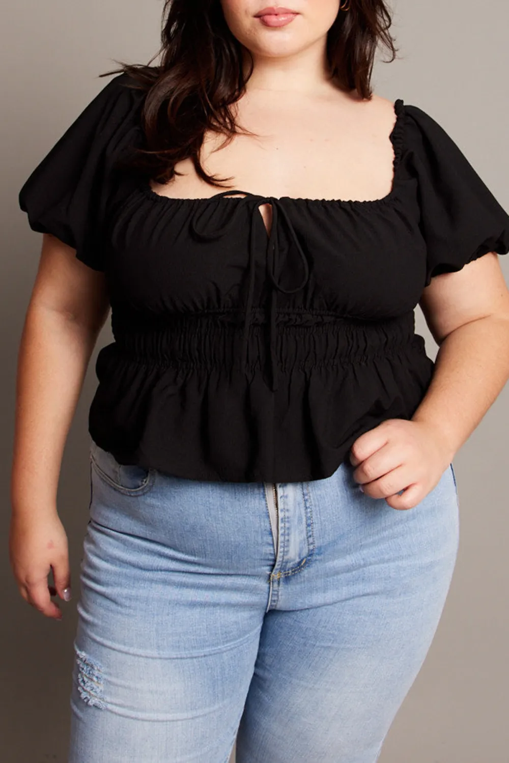 Black Peplum Top Short Sleeve Ruched Bust