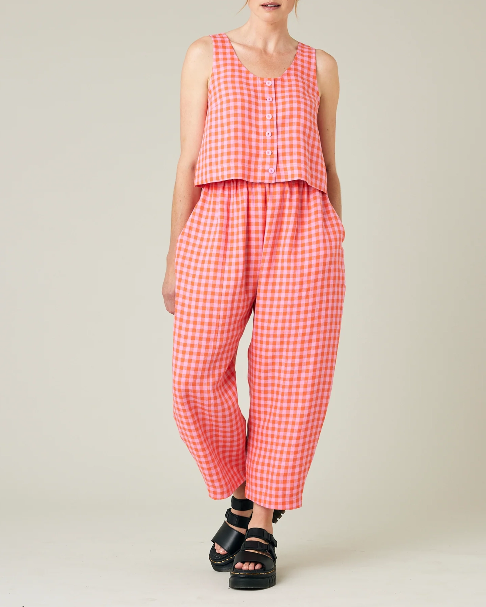 BETTY TOMATO & PINK CHECK LINEN TOP