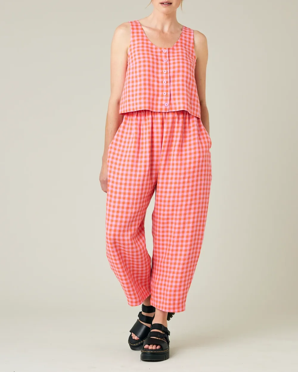 BETTY TOMATO & PINK CHECK LINEN TOP