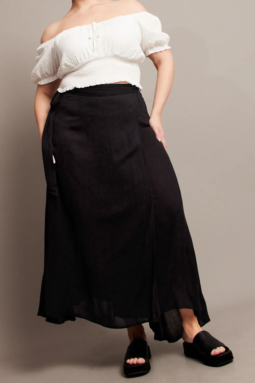 Black Crinkle Wrap Maxi Skirt