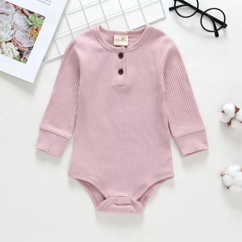 Newborn Baby Girl Boy Bodysuit Solid Color Crew Neck Jumpsuit Baby Girls Knit Cotton Long Sleeve Bodysuits Outfit Clothes 0-24M