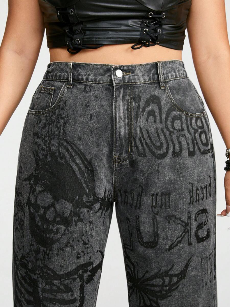 Grunge Punk Plus Size Women's Vintage Washed Skull Butterfly Slogan Design Denim Jeans