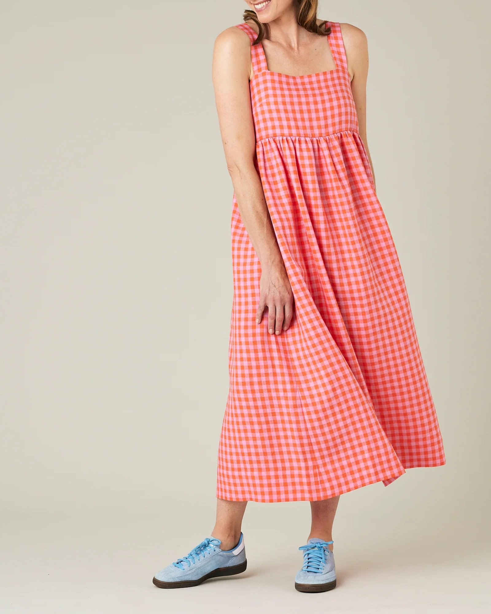 TOMATO & PINK CHECK LINEN DRESS