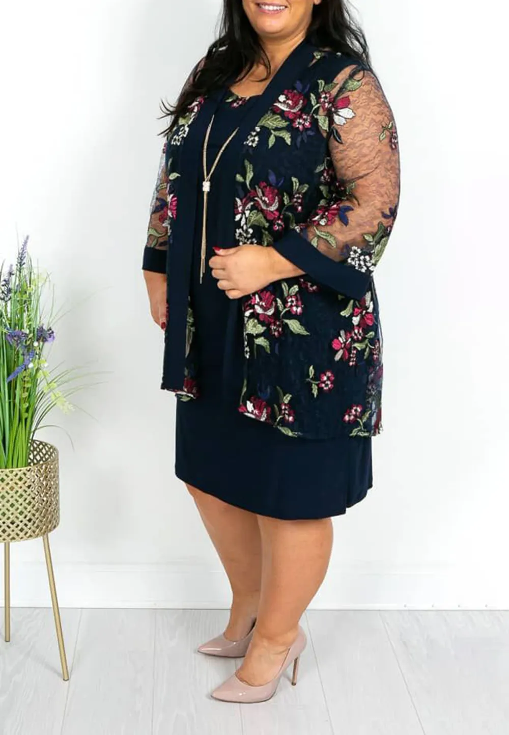 Navy Floral Dress and Mesh Jacket