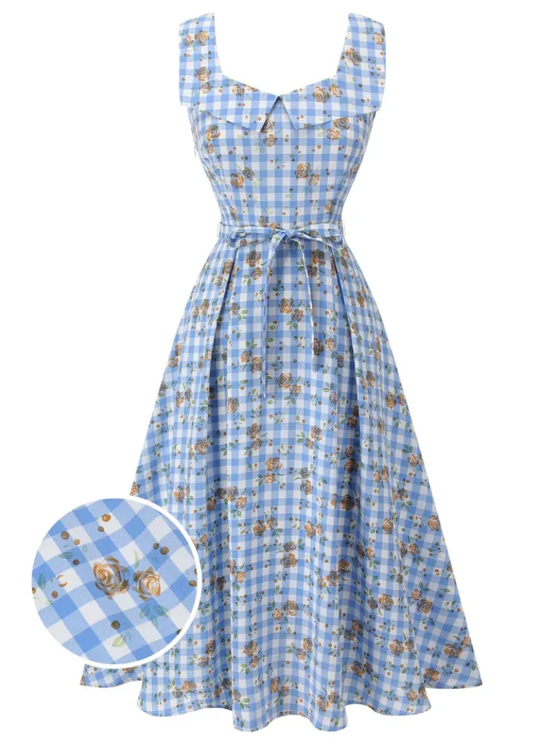 BLUE 1940S ROSE PLAID LACE UP DRESS