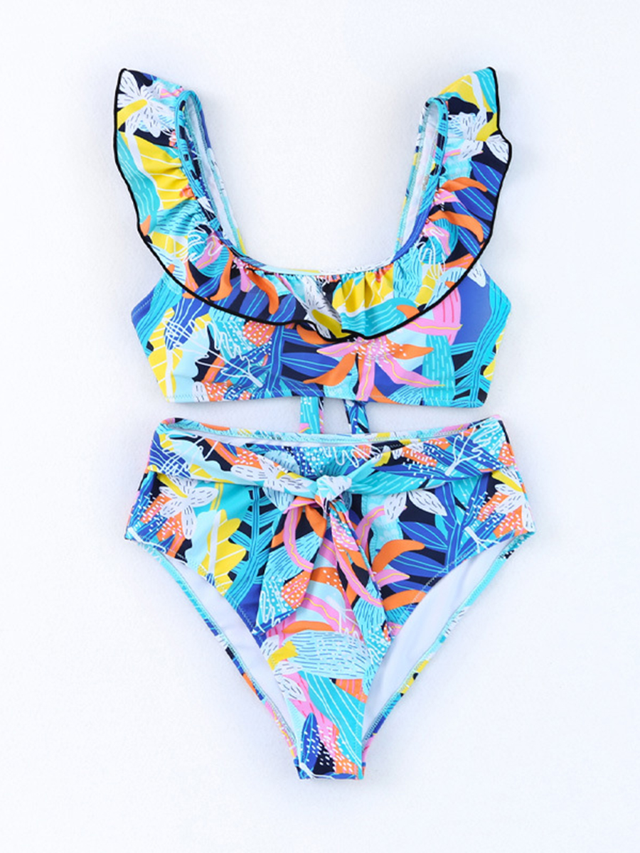 Printed Ruffled High Waist Tied Bikini Suit