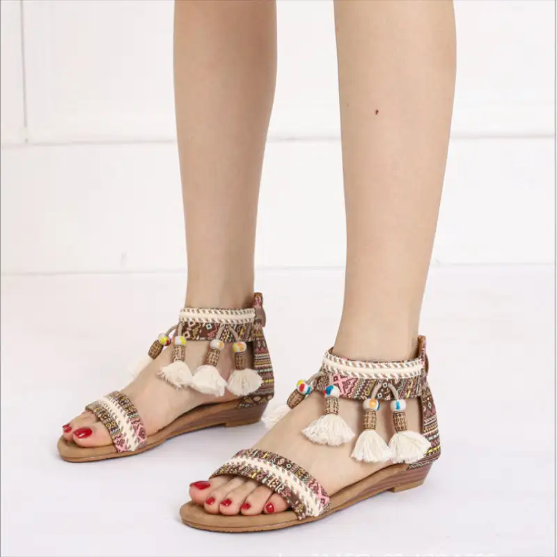 Bohemian Wedge Sandals Women European and American National Style Summer Open Toe Pendant Beads Tassel Travel Roman Sandals