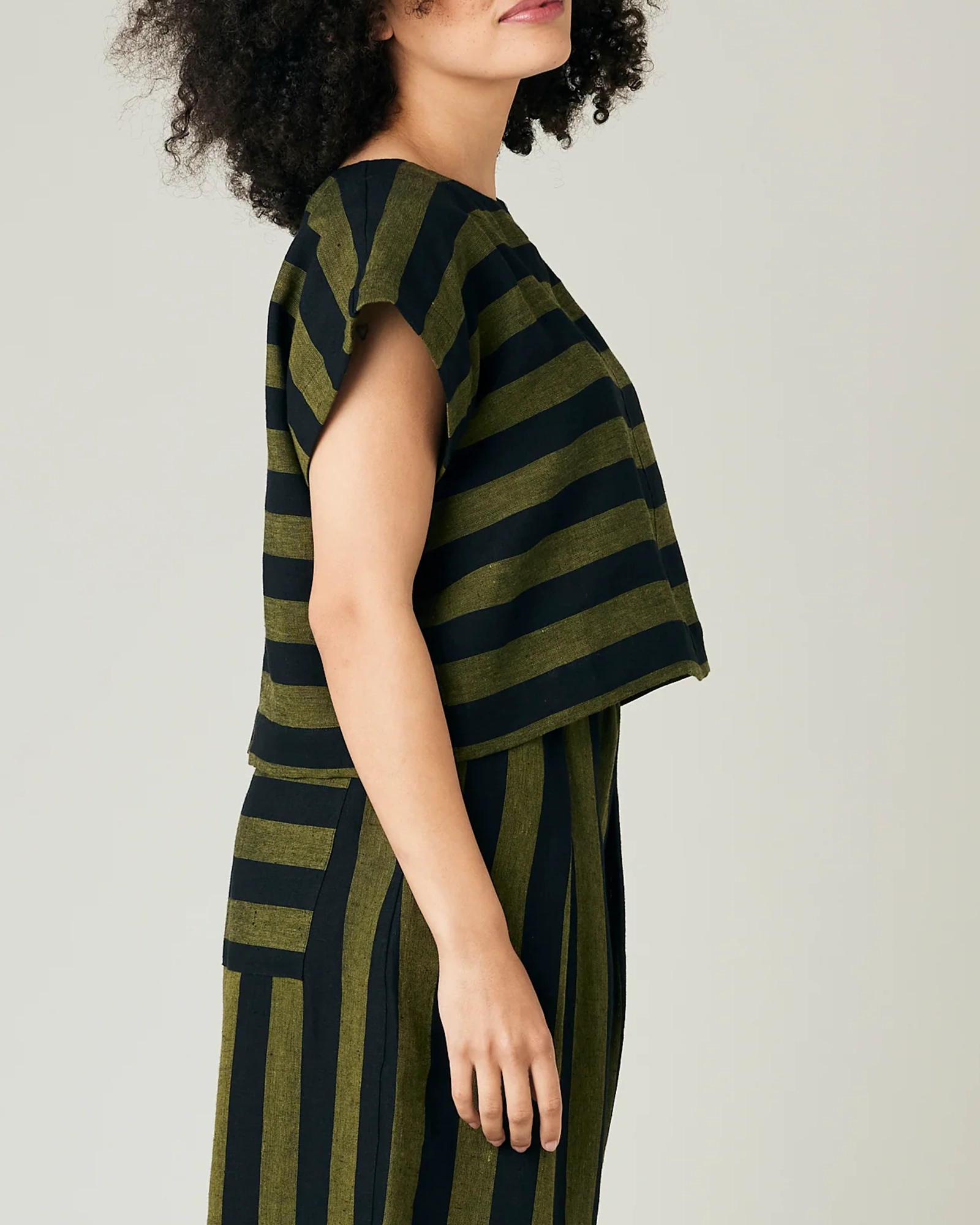 POLLY BLACK & OLIVE STRIPE LINEN TOP