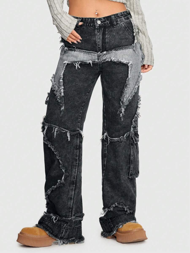 Grunge Punk Star Pattern Raw Trim Flap Pocket Cargo Jeans