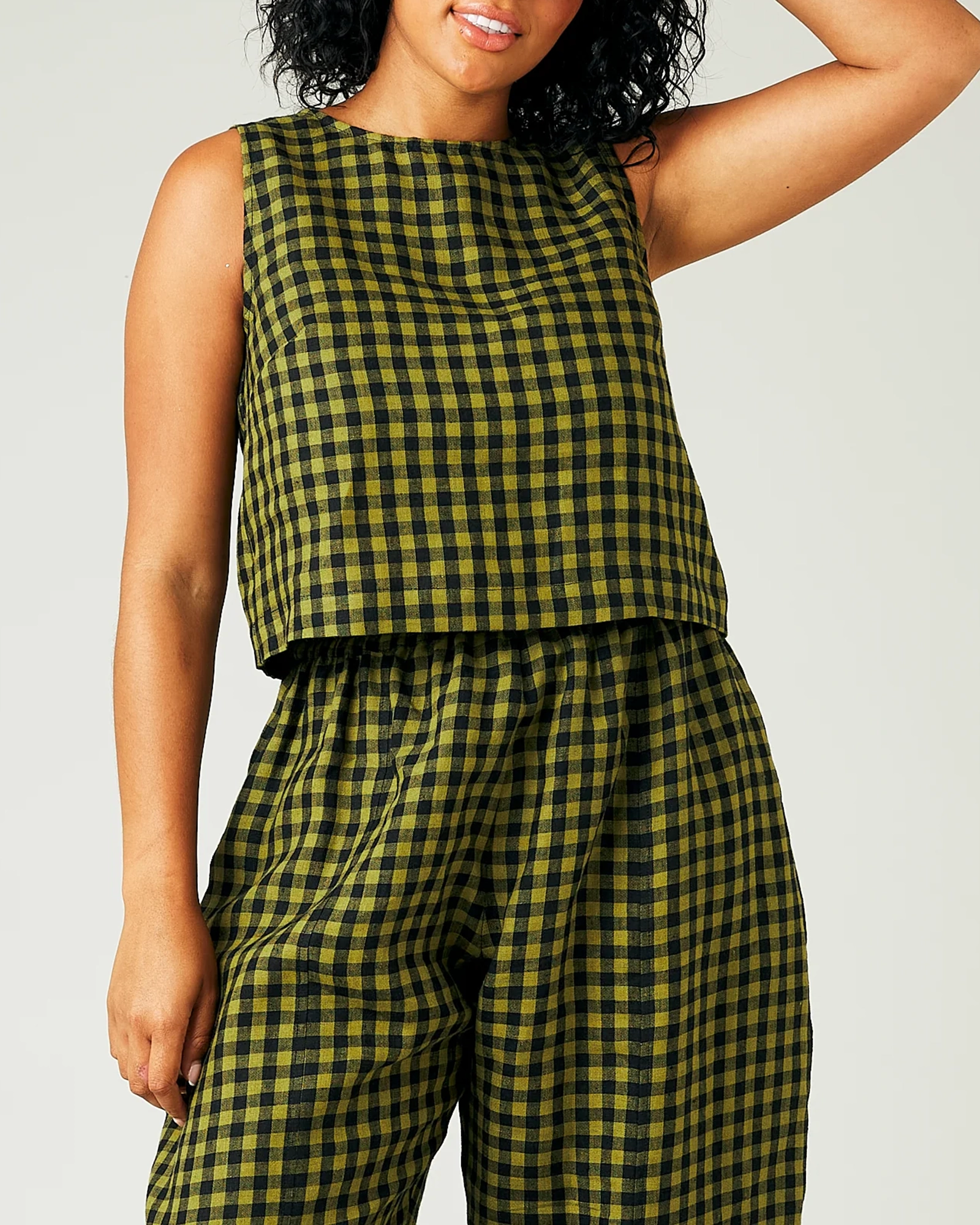 GREEN GINGHAM LINEN TOP