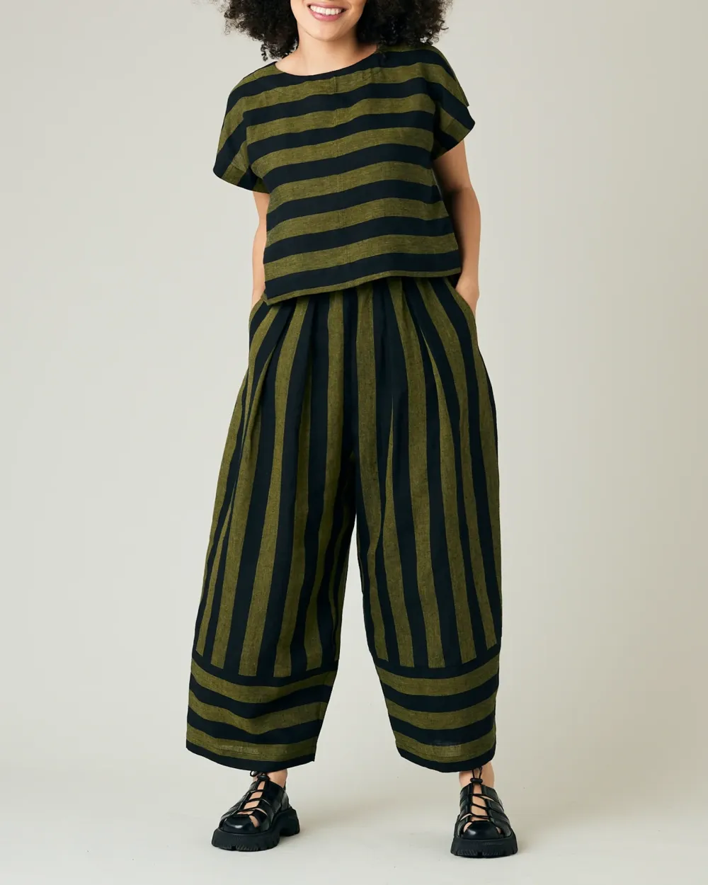 BOBBI BLACK & OLIVE STRIPE LINEN TROUSERS