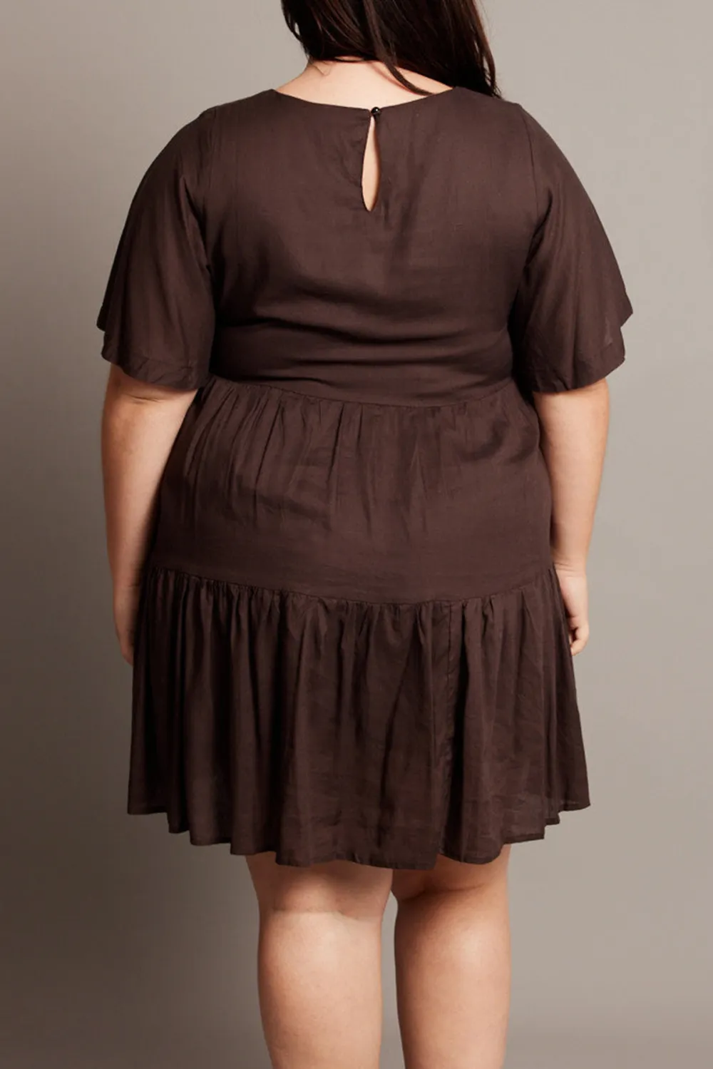 Brown Flare Sleeve Smock Minidress