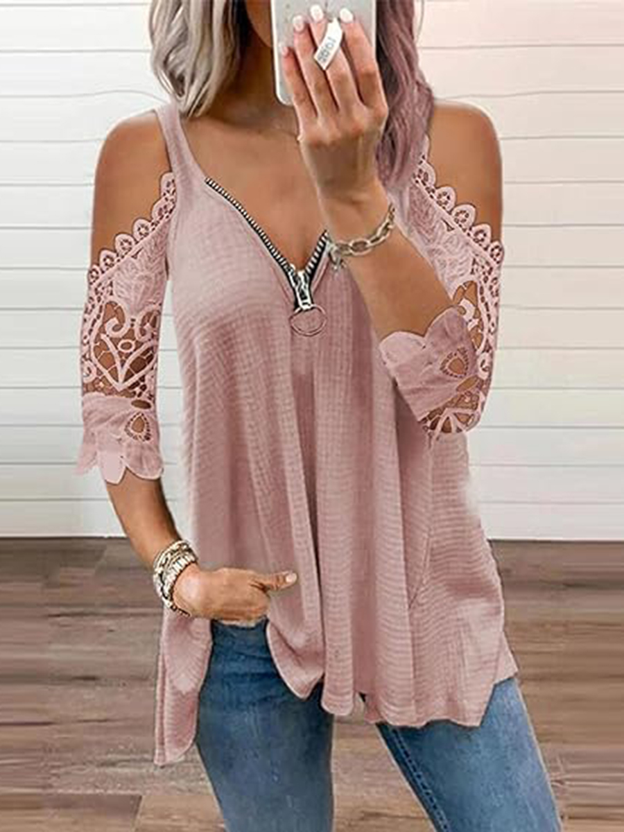 Cutout zipper sleeves V-neck belted casual shirt