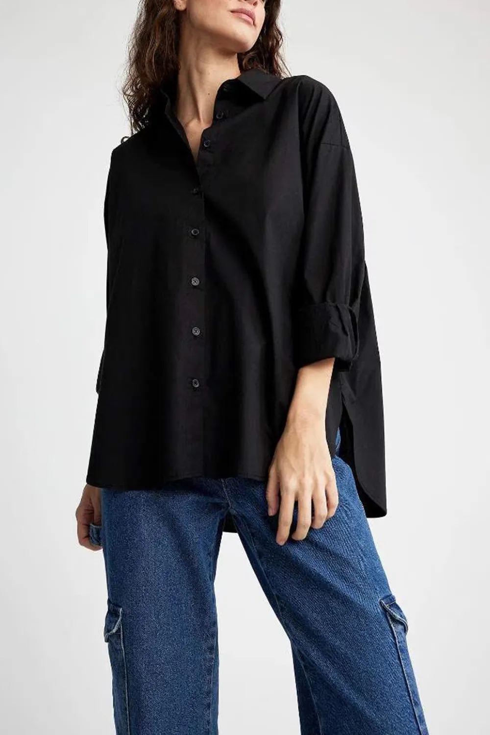 Oversize Fit Shirt Collar Poplin Long Sleeve Shirt