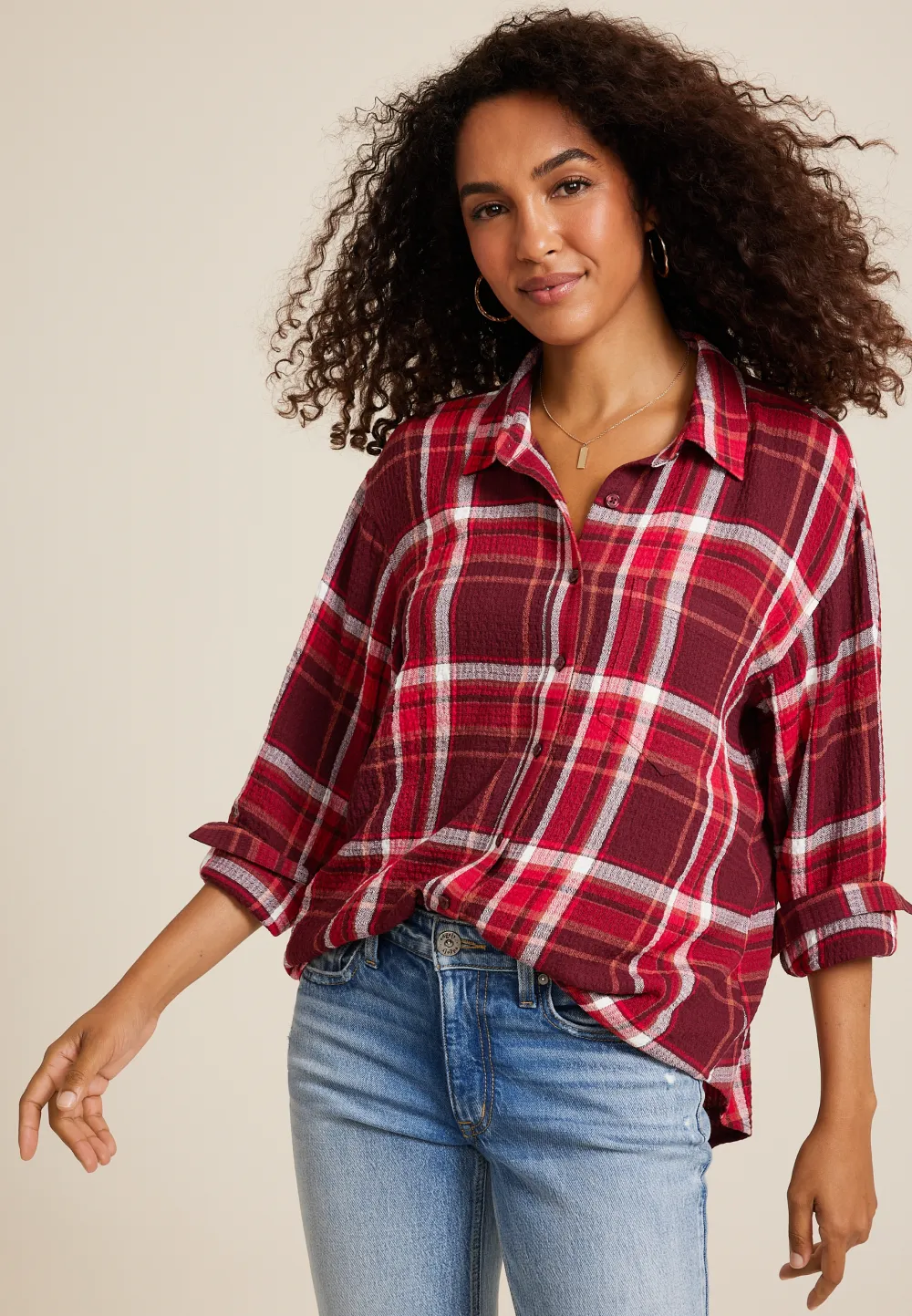 Pucker Plaid Button Up Shirt