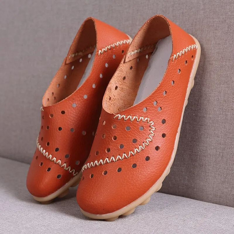 Cilool  Slip-On Small Hole Breathable Leather Sewing Falts