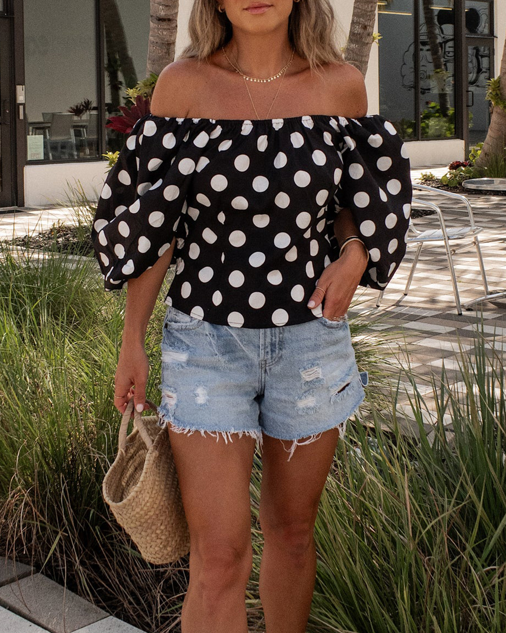 Betty Off The Shoulder Polka Dot Blouse