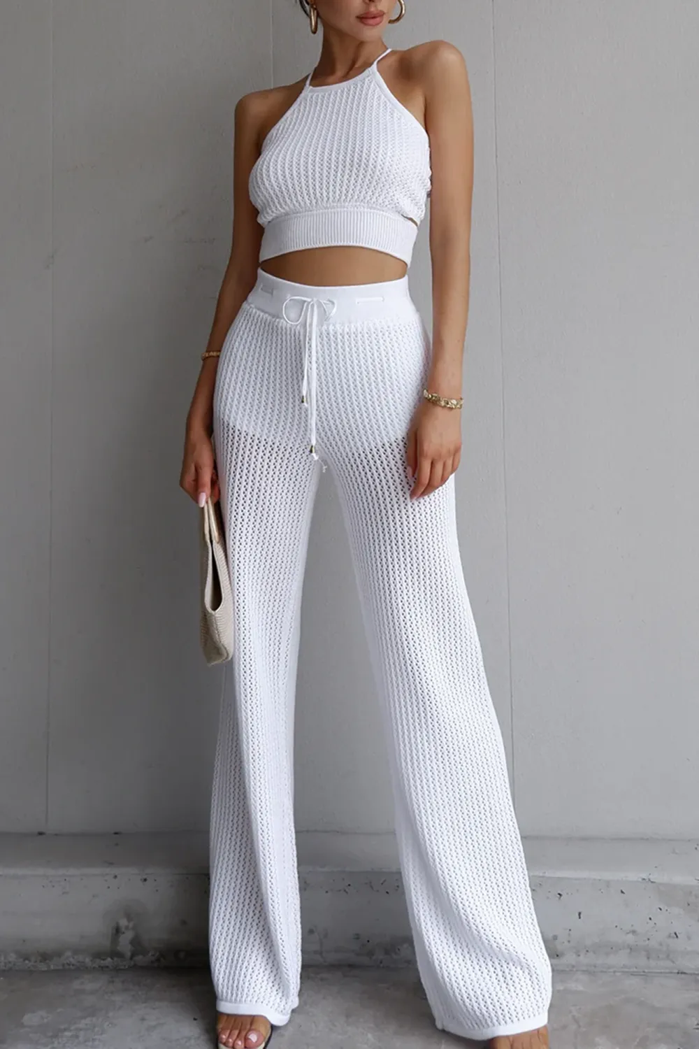 White Knit Stretch Wide Leg Pants