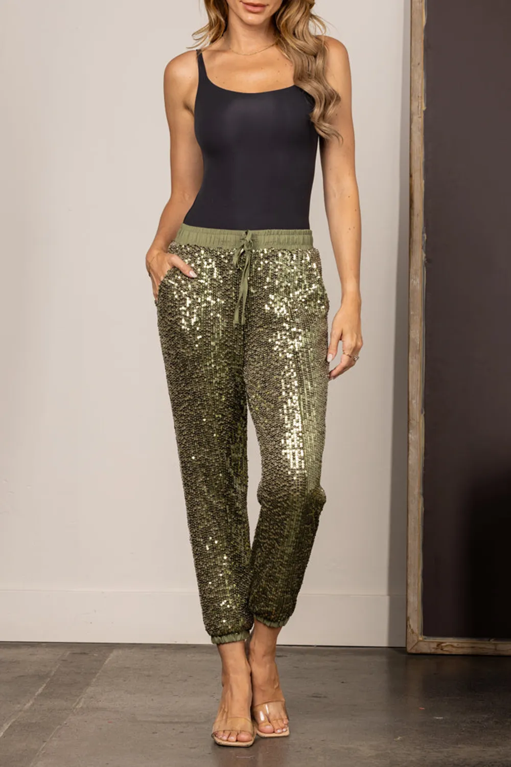 OLIVE SEQUIN HIGH WAISTED DRAWSTRING JOGGER PANTS