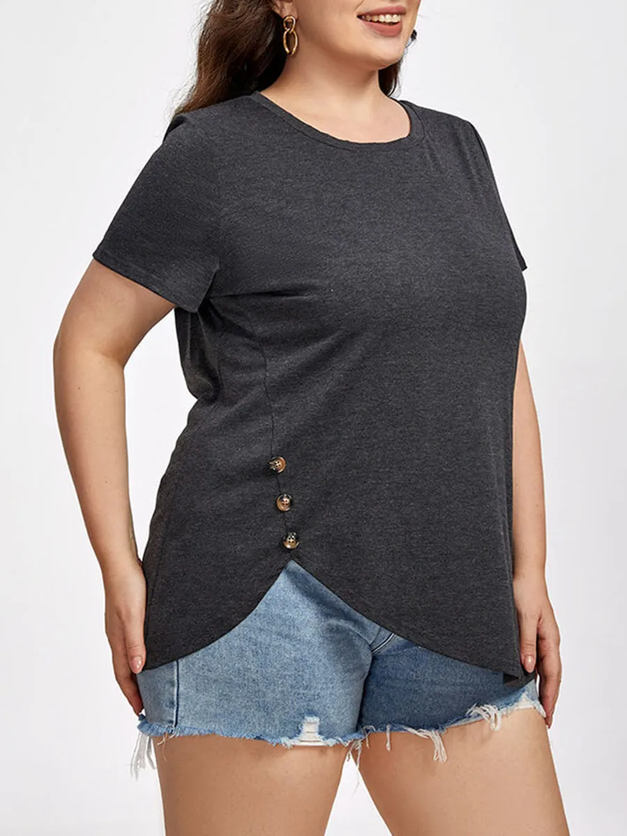 Plus Black Round Neck Button Ditsy Hem Tee