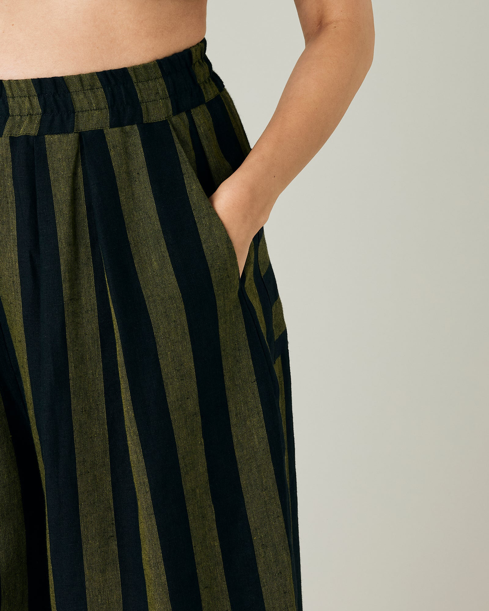 BOBBI BLACK & OLIVE STRIPE LINEN TROUSERS