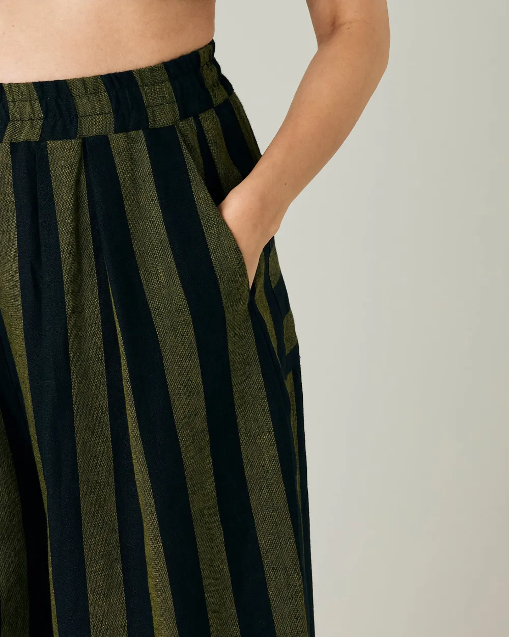 BOBBI BLACK & OLIVE STRIPE LINEN TROUSERS