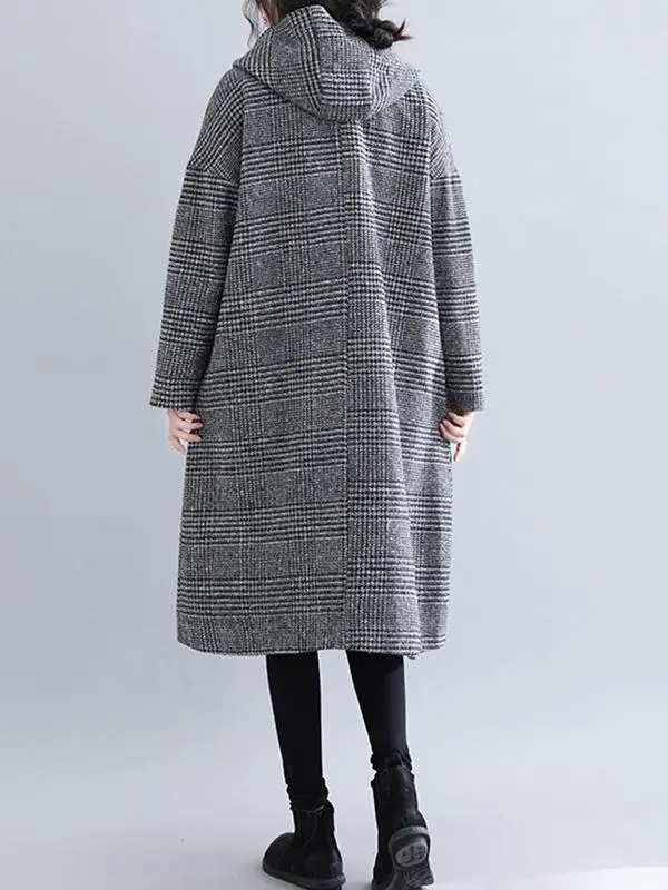 Loose Plaid Woolen Hood Coat